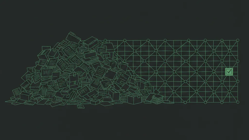 Line drawing of papers and boxes resolving into a lattice, held by one grass mark