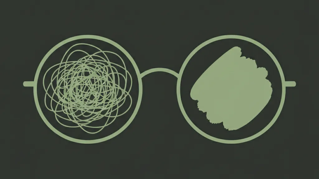 Line drawing of round glasses: tangled lines in one lens, a grass mark in the other