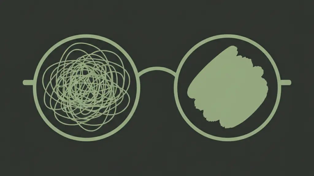 Line drawing of round glasses: tangled lines in one lens, a grass mark in the other